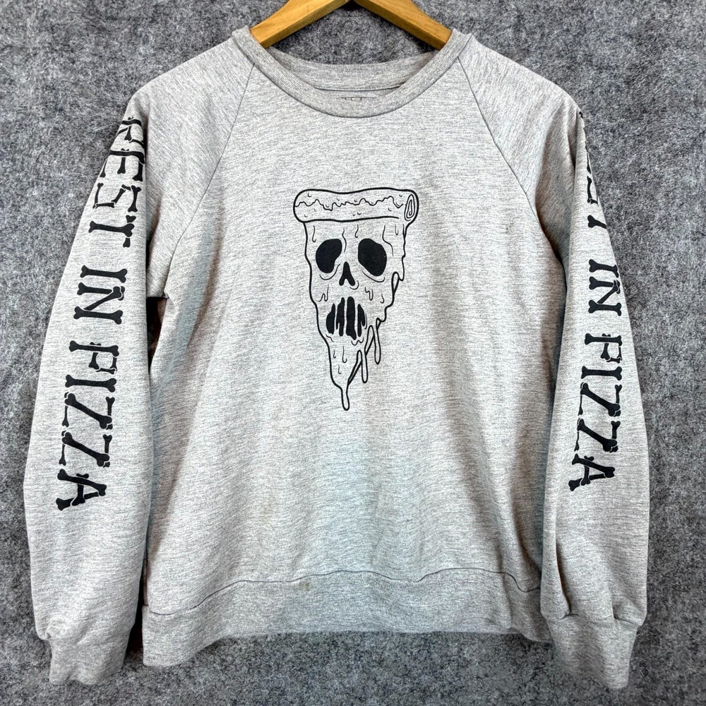 Rest in Pizza Freeze Sweatshirt Mens Medium Gray Cotton Skull Raglan Sleeve